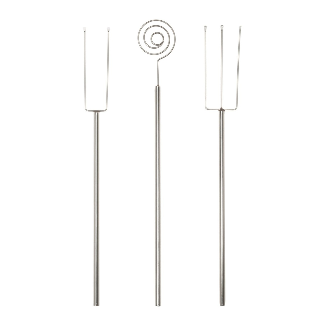 Ateco 1378 three-piece stainless steel dipping tool set showing 2-prong fork, spiral swirl dipper, and 3-prong fork with long handles