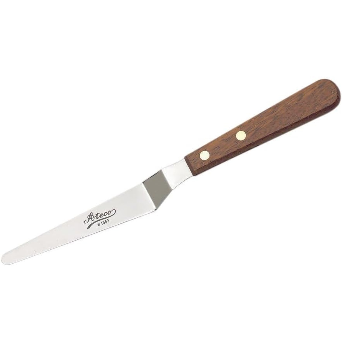 Ateco 1383 offset icing spatula with 5-inch stainless steel tapered blade and natural wood handle secured by two brass rivets