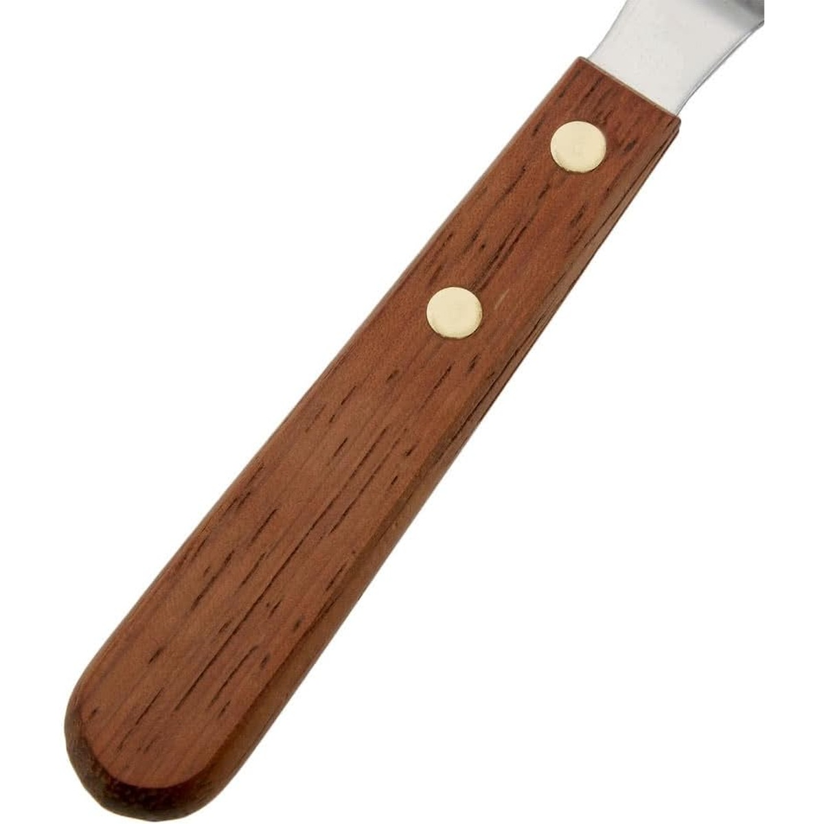 Close-up of the Ateco 1385 natural wood handle secured with two brass rivets