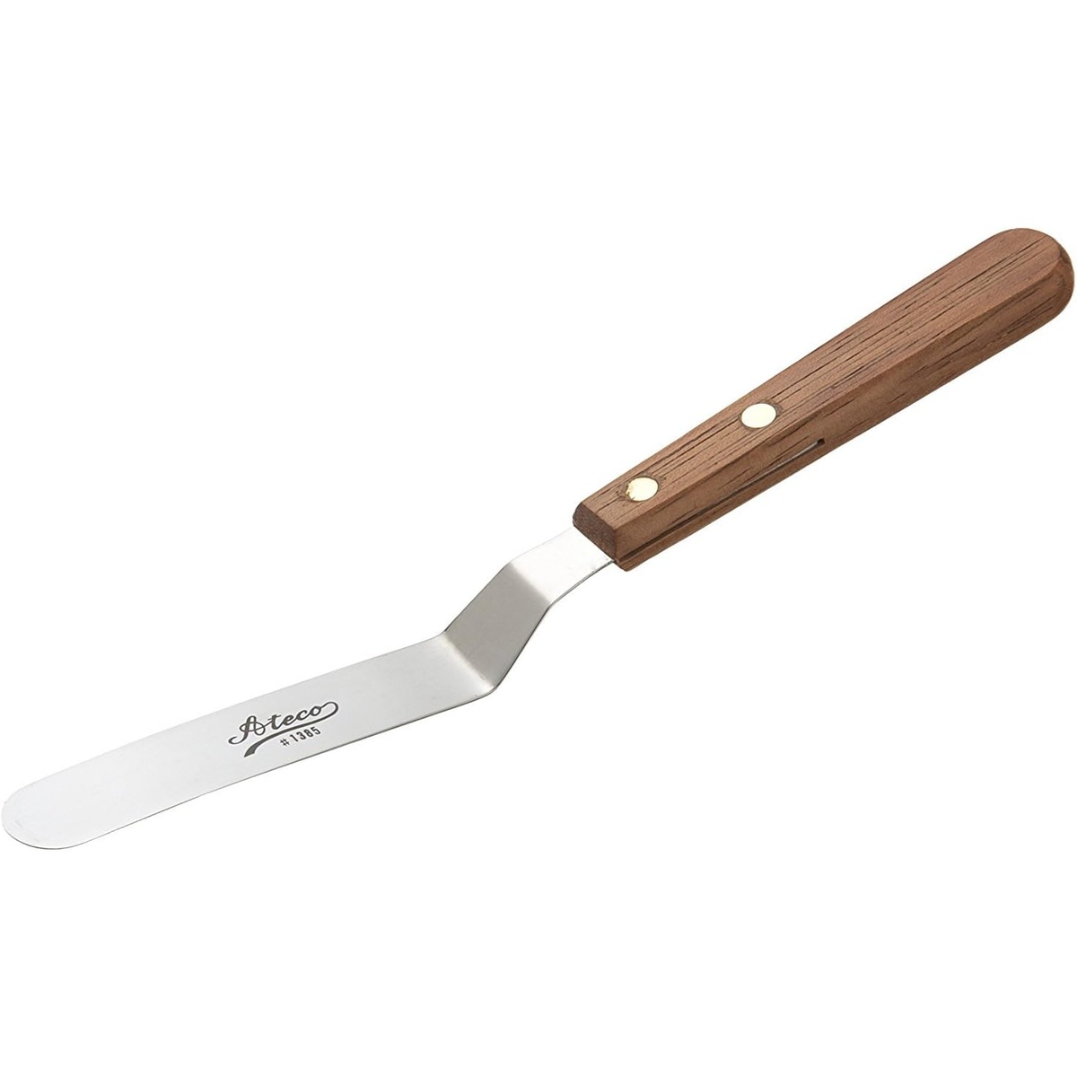 Ateco 1385 offset icing spatula with stainless steel blade and natural wood handle, full view