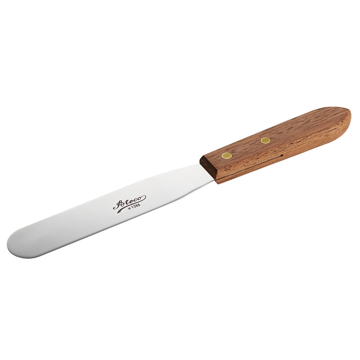 Ateco 1386 straight icing spatula with 6-inch stainless steel blade and natural wood handle secured by two brass rivets