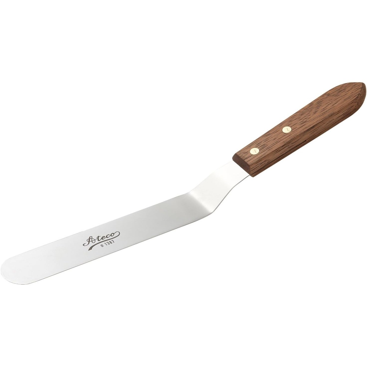 Ateco 1387 offset icing spatula with stainless steel blade and natural wood handle secured by two brass rivets