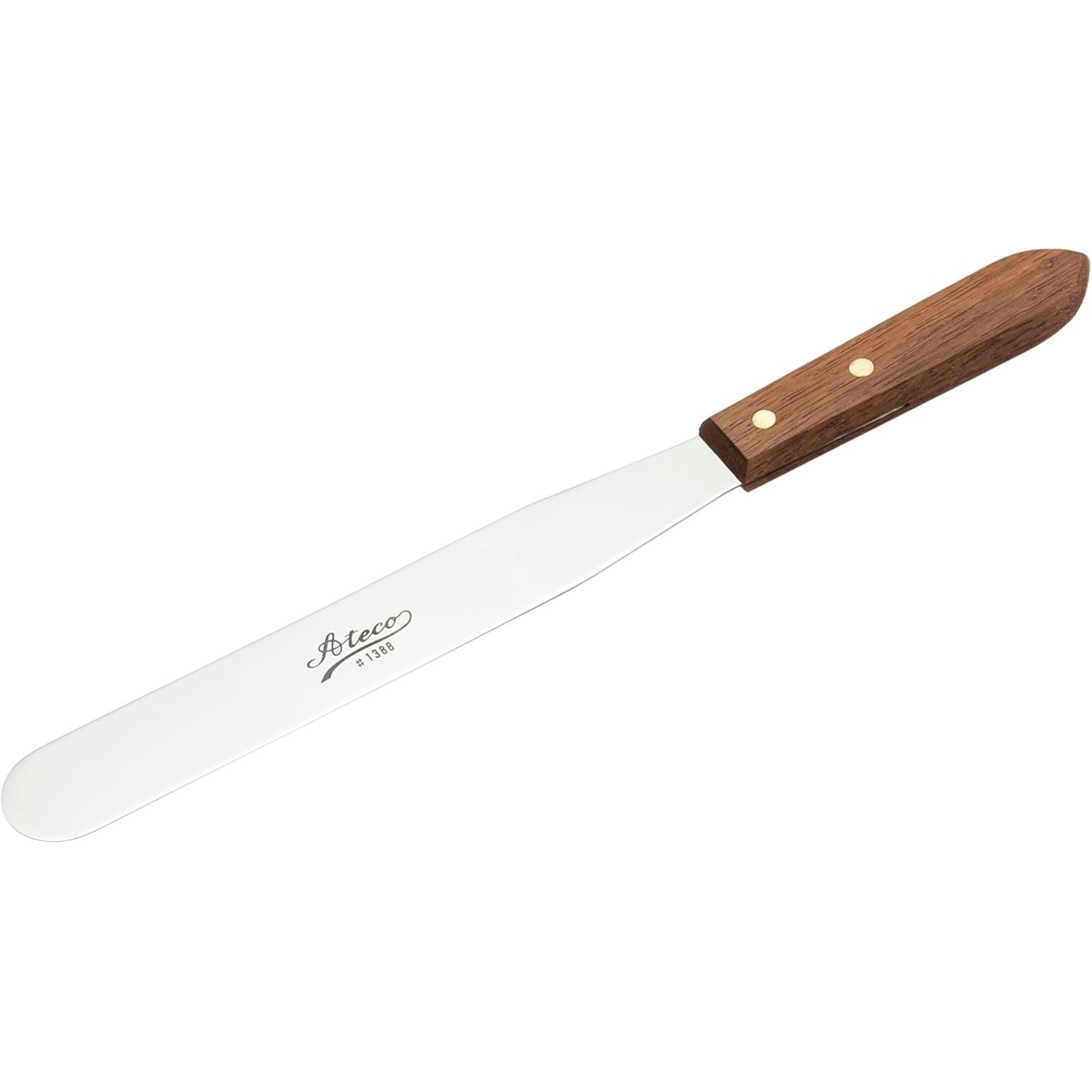 Ateco 1388 straight icing spatula with 8-inch stainless steel blade and natural wood handle secured by two brass rivets