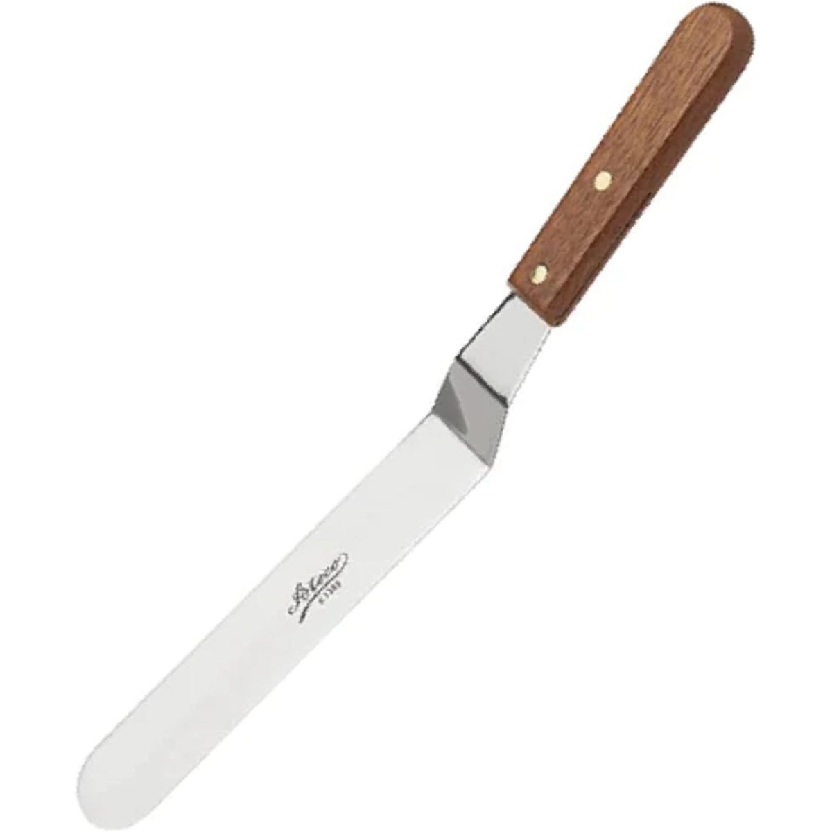 Ateco 1389 offset icing spatula with stainless steel blade and natural wood handle secured by two brass rivets