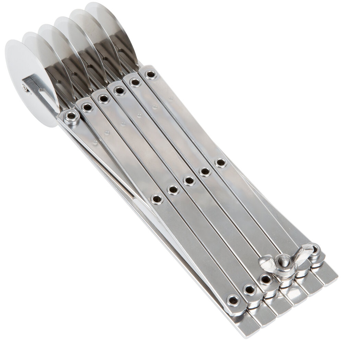 Ateco 6-wheel pastry cutter collapsed into compact position showing stainless steel arms and wheels