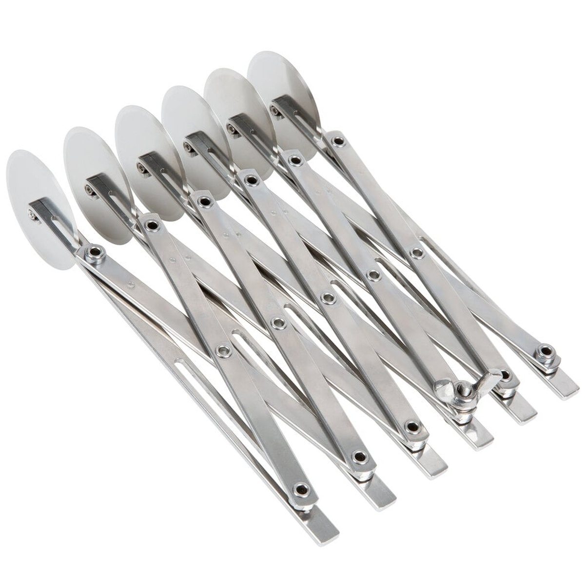 Ateco 6-wheel pastry cutter partially expanded showing the adjustable stainless steel arms and six cutting wheels at medium spacing