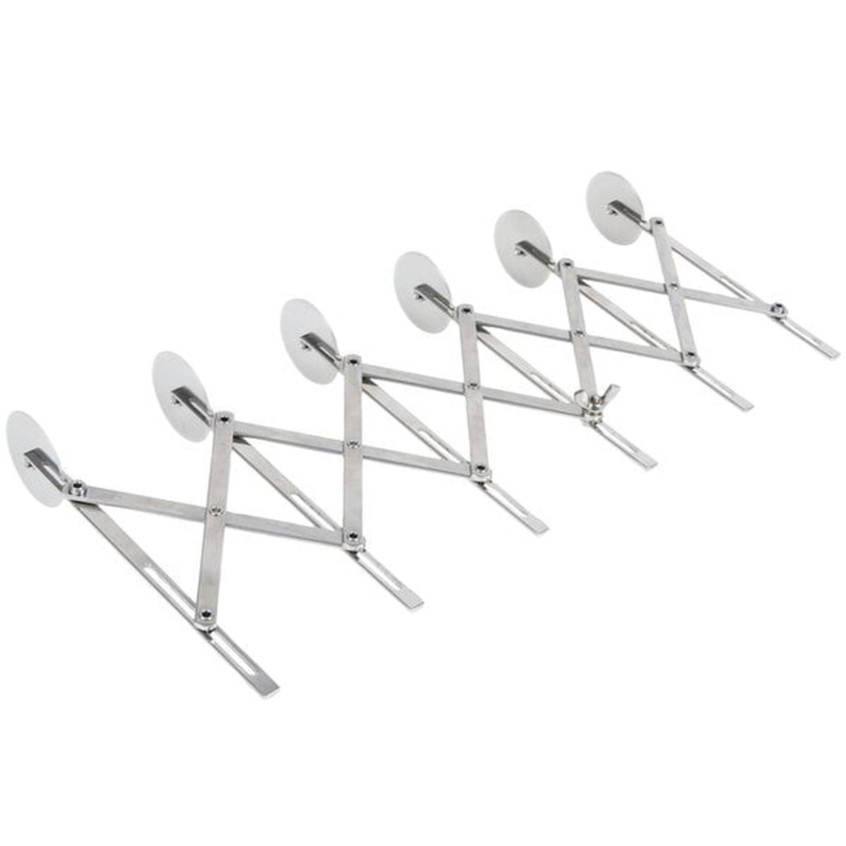 Ateco 6-wheel pastry cutter fully expanded showing the pantograph arm spread wide with six wheels spaced apart