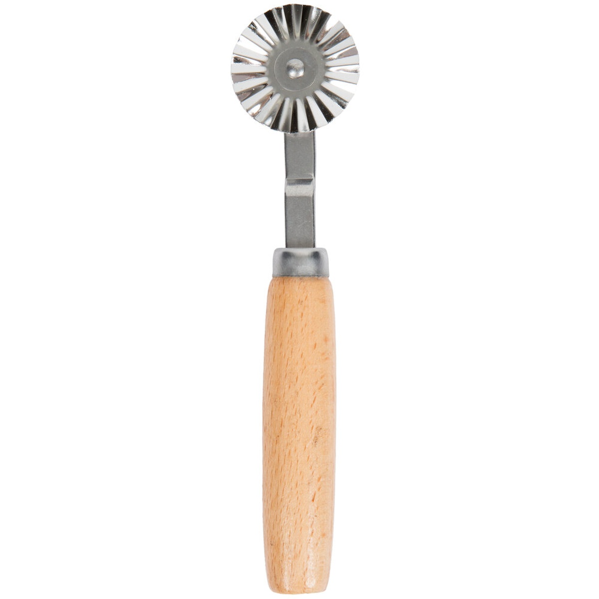 Ateco 1397 stainless steel fluted pastry wheel cutter with natural wood handle on white background