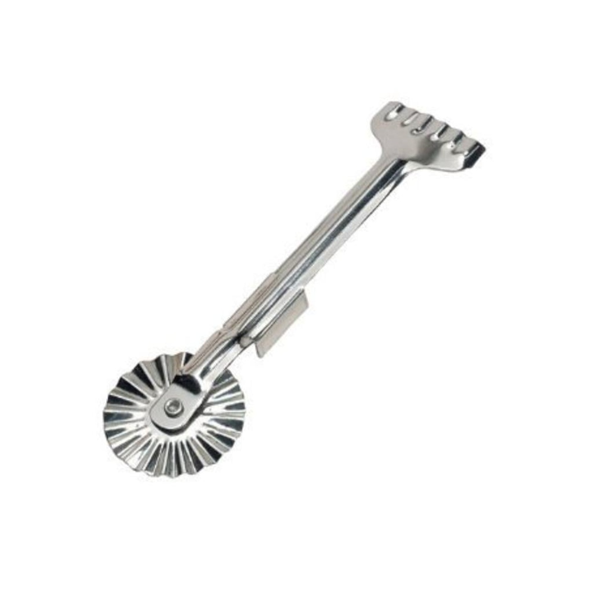 Ateco 1398 fluted pastry wheel cutter full-length view showing the all-metal handle and fluted cutting wheel detail