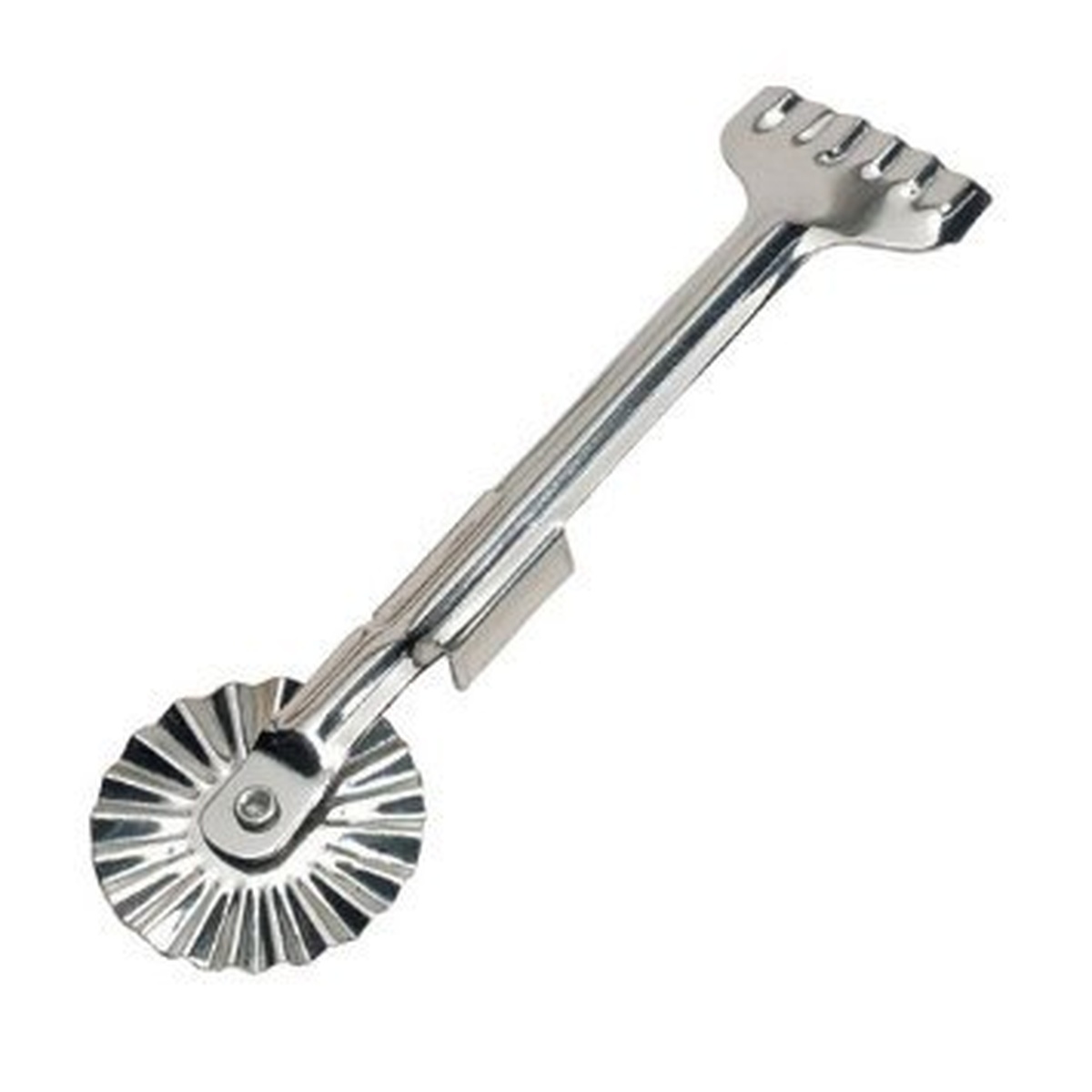 Ateco 1398 stainless steel fluted pastry wheel cutter shown at an angle highlighting the fluted wheel and metal handle