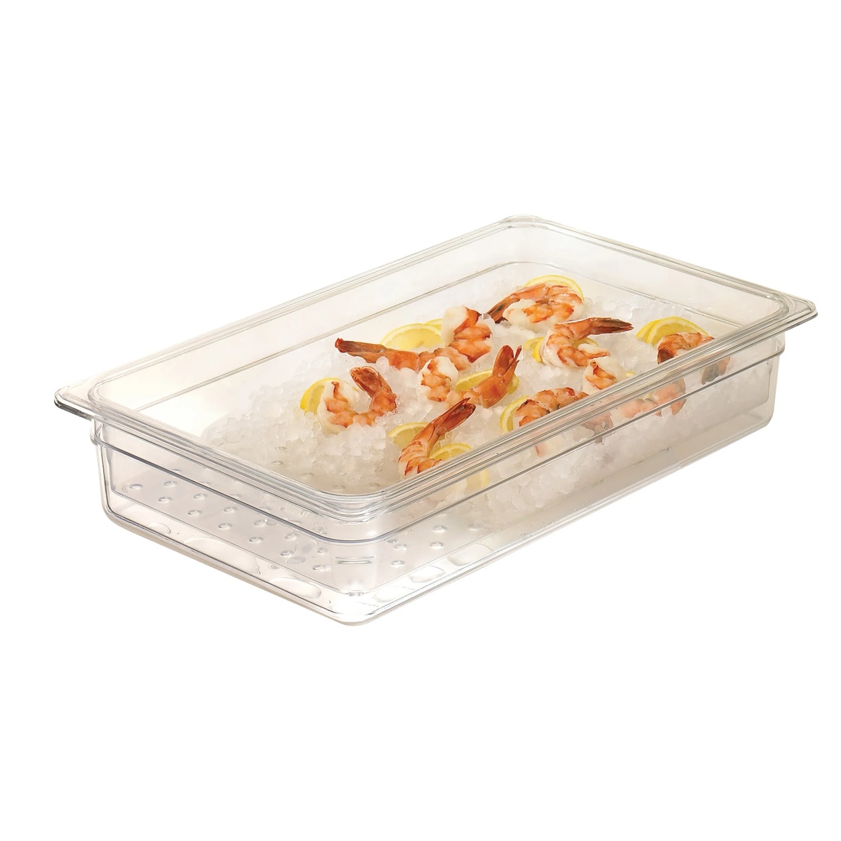 Cambro colander food pan nested inside a full size food pan holding shrimp on ice, demonstrating seafood storage use