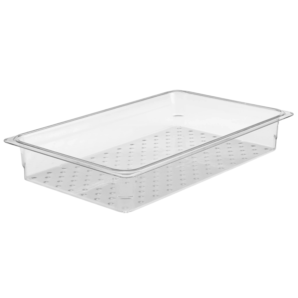 Cambro 13CLRCW135 clear polycarbonate full size 3-inch deep perforated colander food pan on white background
