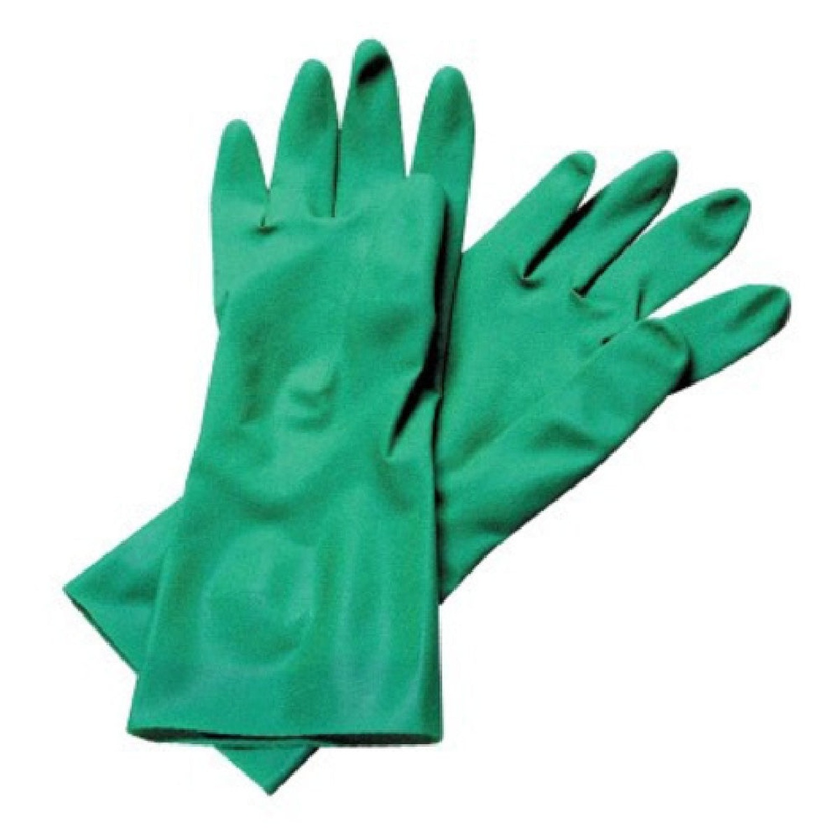 Pair of green 13-inch nitrile dishwashing gloves, medium size, shown on white background