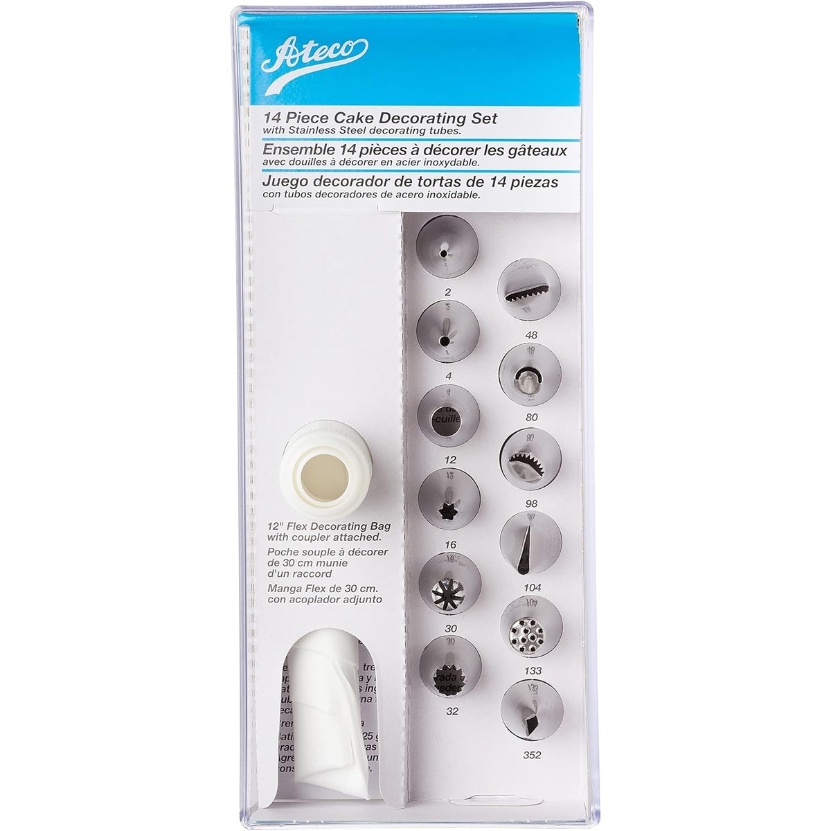 Ateco 14-piece cake decorating set in original packaging showing all 12 numbered stainless steel tips and 12-inch flex decorating bag