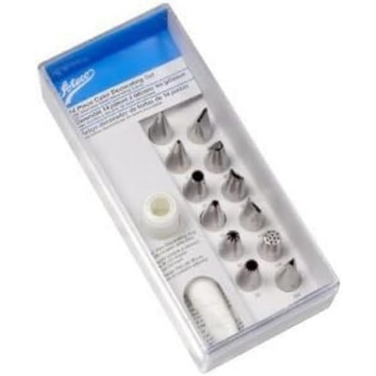 Ateco 14-piece cake decorating set displayed in clear plastic storage box with 12 stainless steel tips and coupler