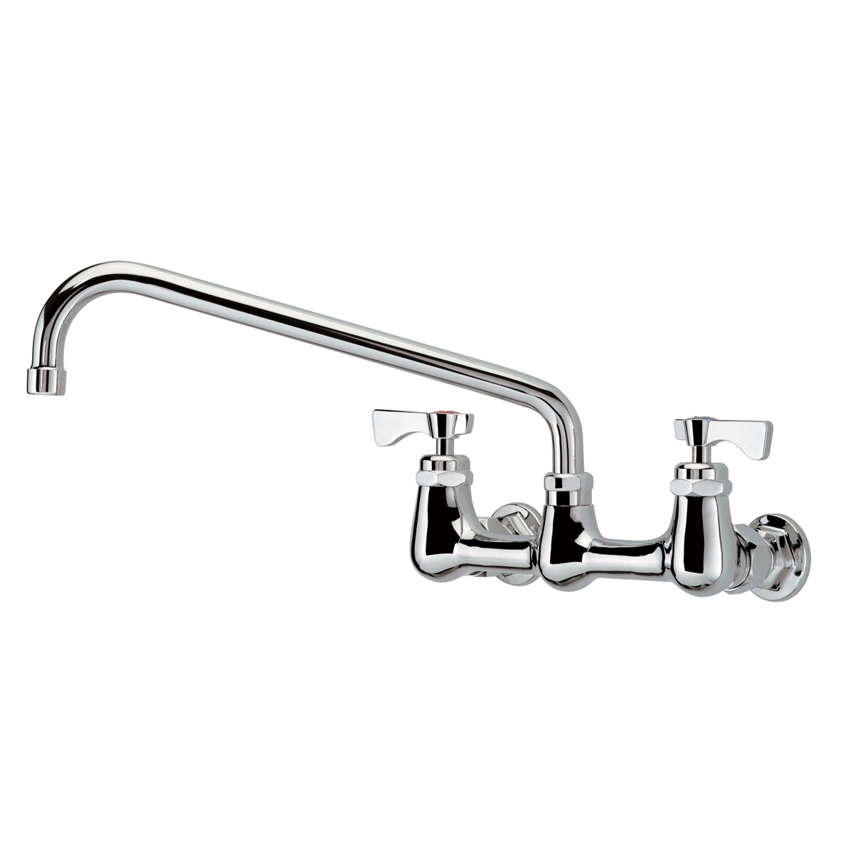 Krowne 14-812L Royal Series wall mount faucet front view showing dual lever handles and extended swing nozzle