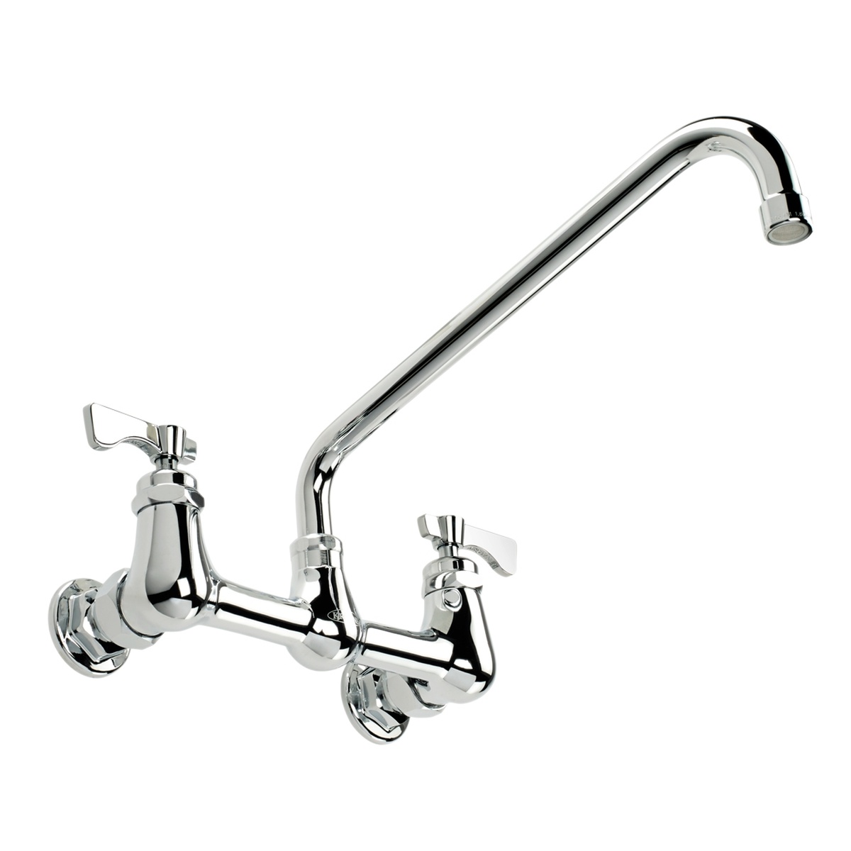 Krowne 14-812L Royal Series wall mount faucet angled view showing lever handles and 12-inch swing spout