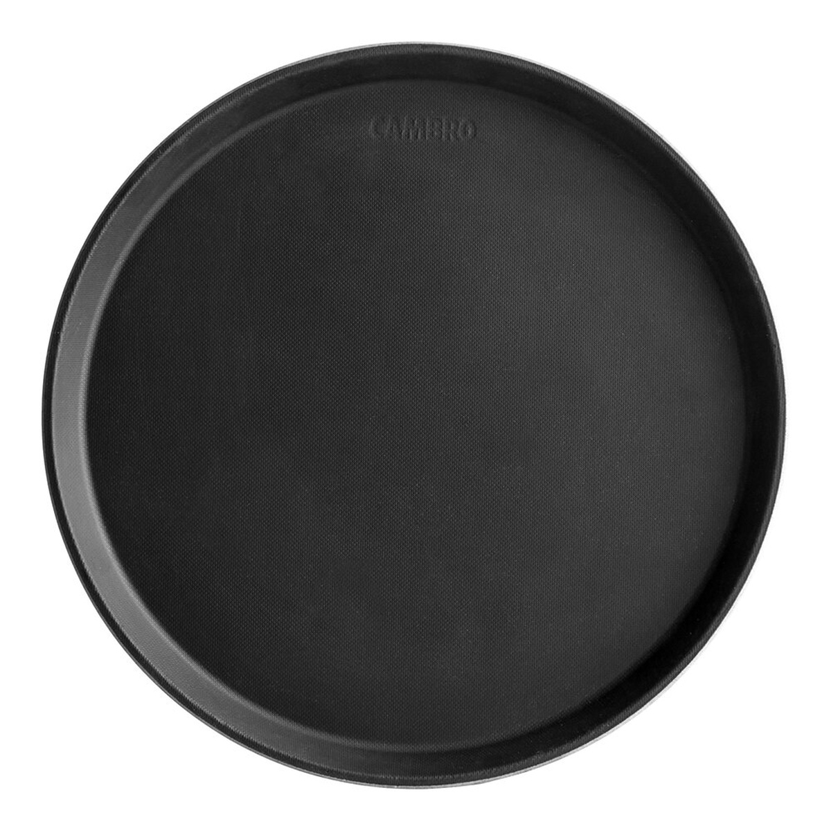 Cambro 1400CT110 14-inch round black Camtread non-skid serving tray, top view showing molded surface texture
