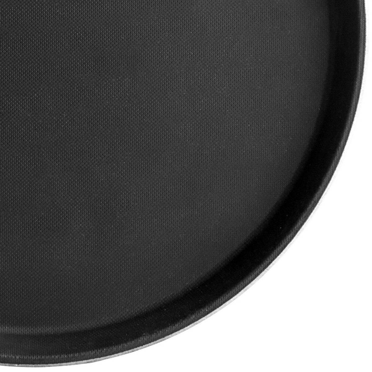 Close-up detail of the Cambro Camtread non-skid textured surface and raised rim on the black fiberglass tray