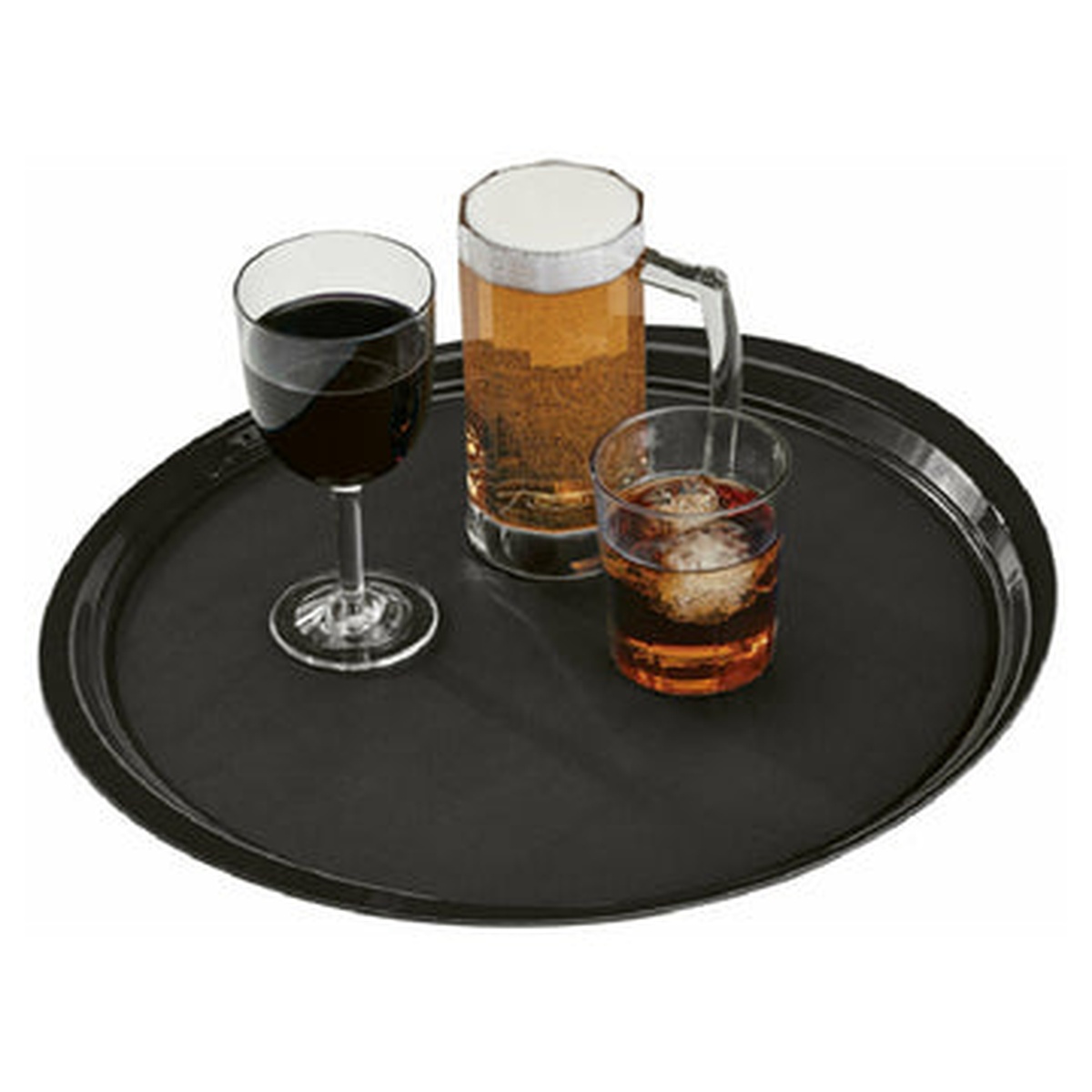 Cambro EpicTread black round tray holding wine glass, beer mug, and rocks glass with beverages
