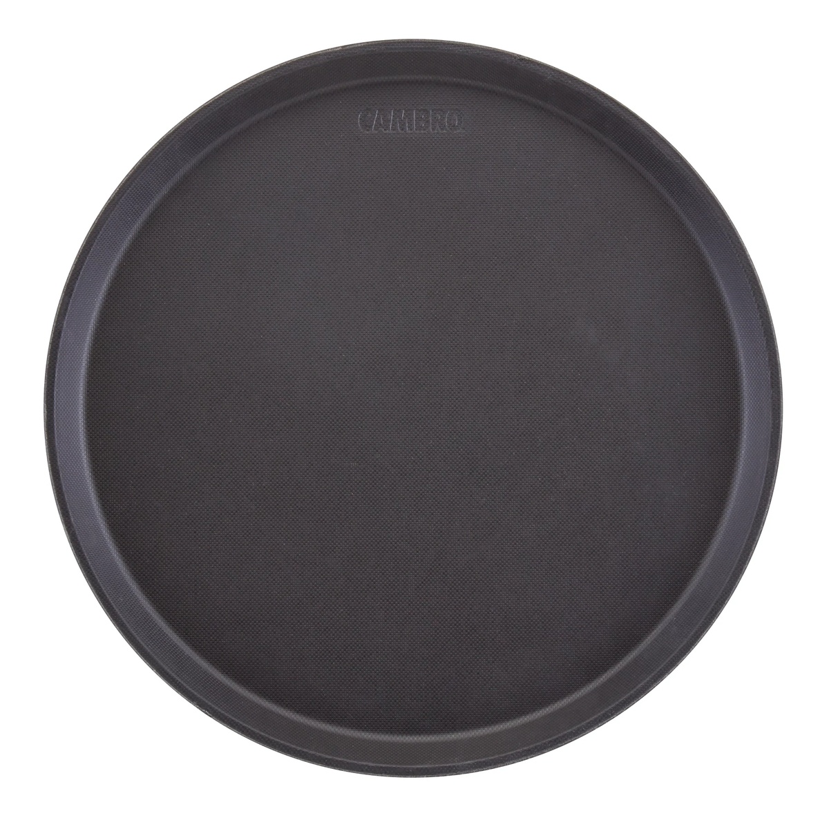 Cambro 1400TL110 black round 14-inch Treadlite serving tray, top view showing molded-in non-skid textured surface