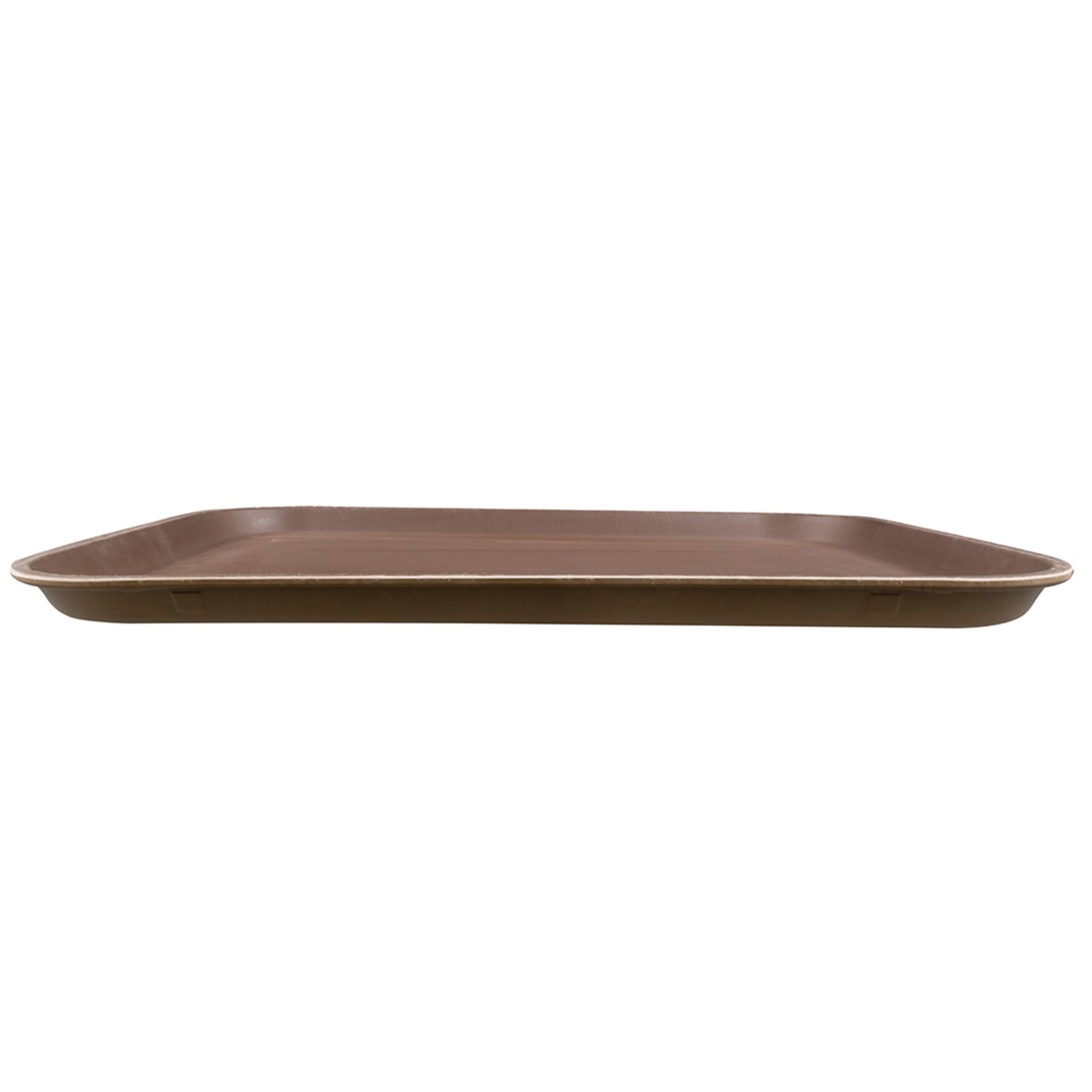 Cambro 1418CT138 tavern tan Camtread serving tray, side profile showing slim low-profile design and stacking lug