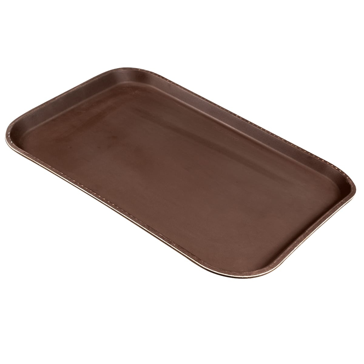 Cambro 1418CT138 tavern tan rectangular Camtread serving tray, angled view showing non-skid surface texture