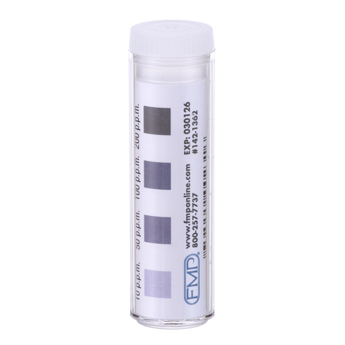 FMP chlorine test strips vial showing color-coded PPM scale at 10, 50, 100, and 200 p.p.m.