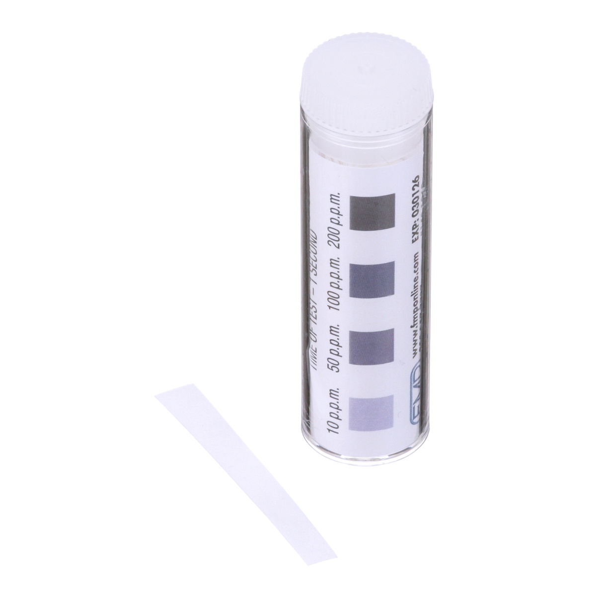 FMP 142-1362 chlorine test strip removed from vial alongside the plastic container showing color scale