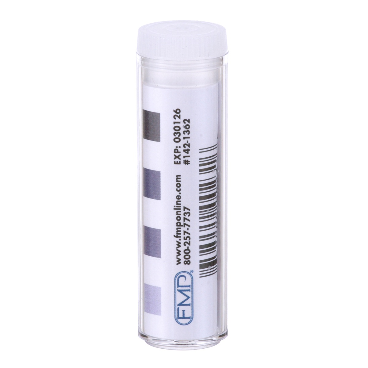 FMP 142-1362 chlorine test strips in clear plastic vial with white cap and color-coded chart label