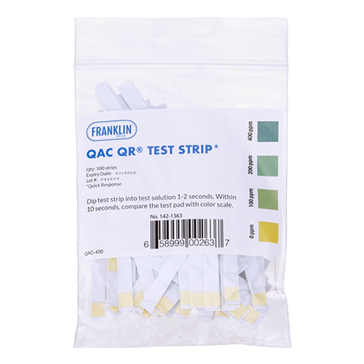 Franklin QAC QR Test Strip pack of 100 with color scale chart showing 0, 100, 200, and 400 ppm levels