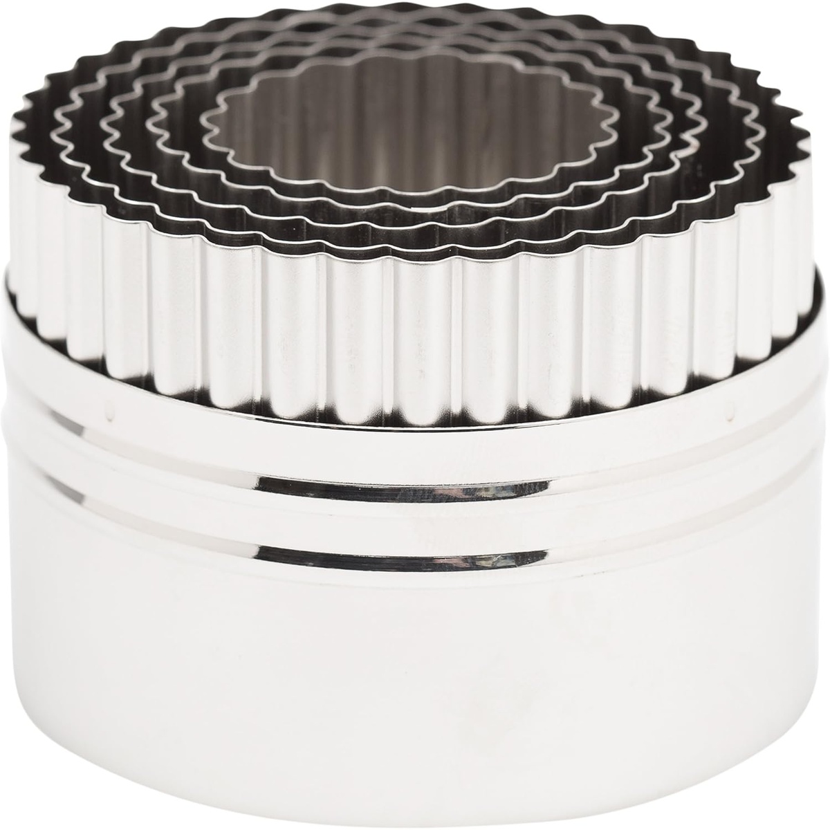 Ateco 14410 set of 5 stainless steel double-sided round pastry cutters nested together, showing fluted top edges and smooth sides
