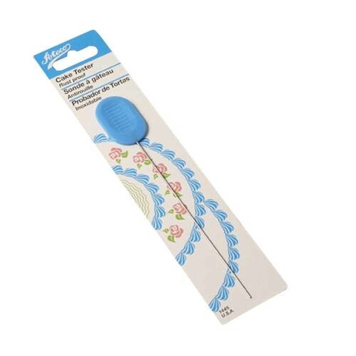 Ateco 1444 Cake Tester in original packaging showing blue plastic handle and stainless steel wire