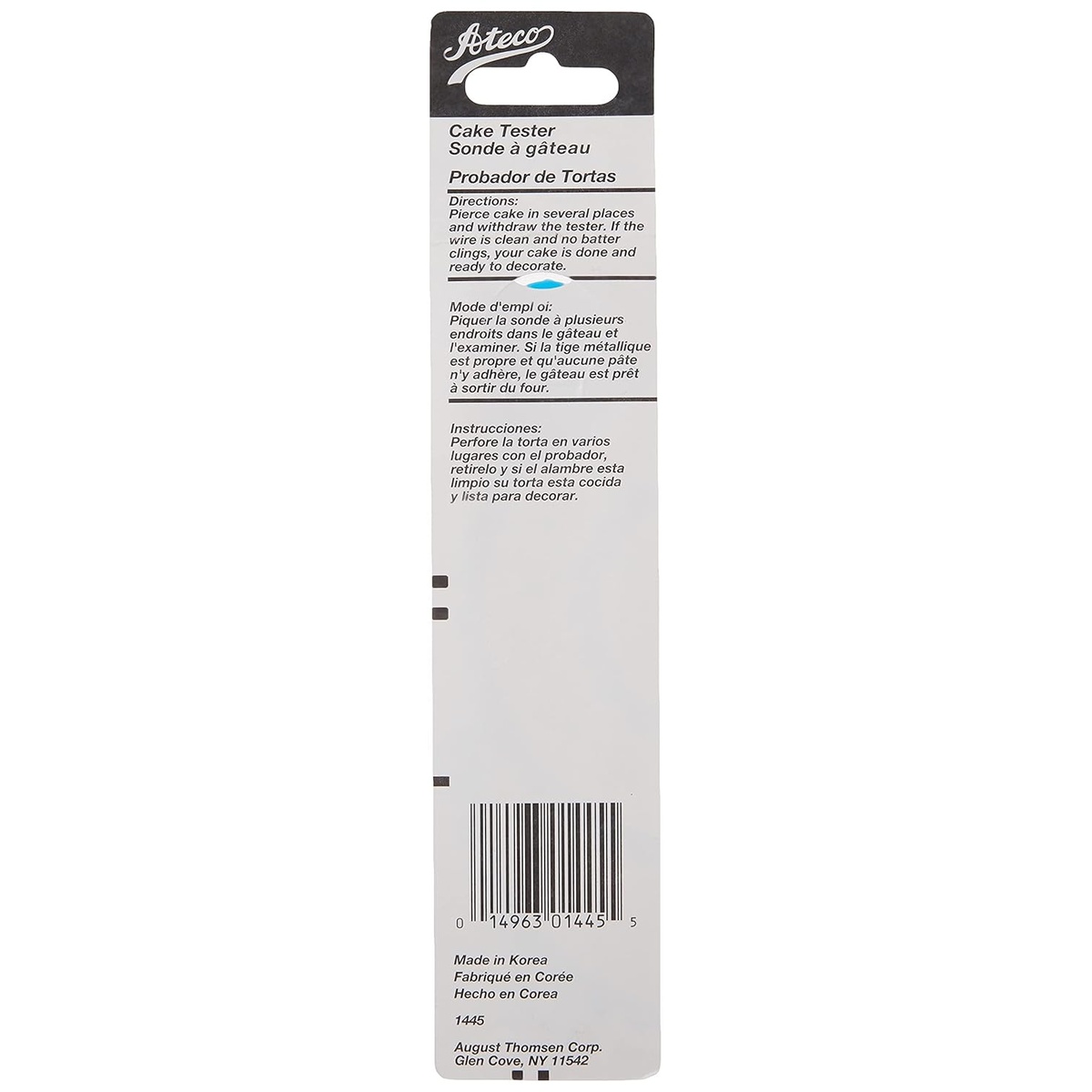 Back of Ateco 1445 Cake Tester packaging showing multilingual usage directions and UPC barcode