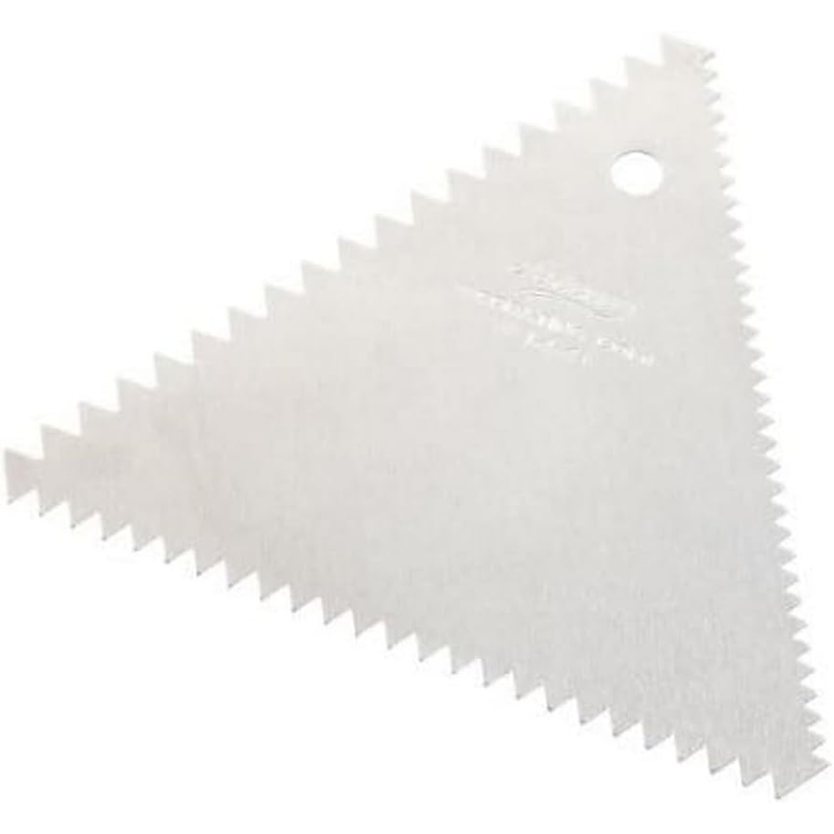 Ateco 1446 triangular aluminum decorating comb with three serrated edges on white background
