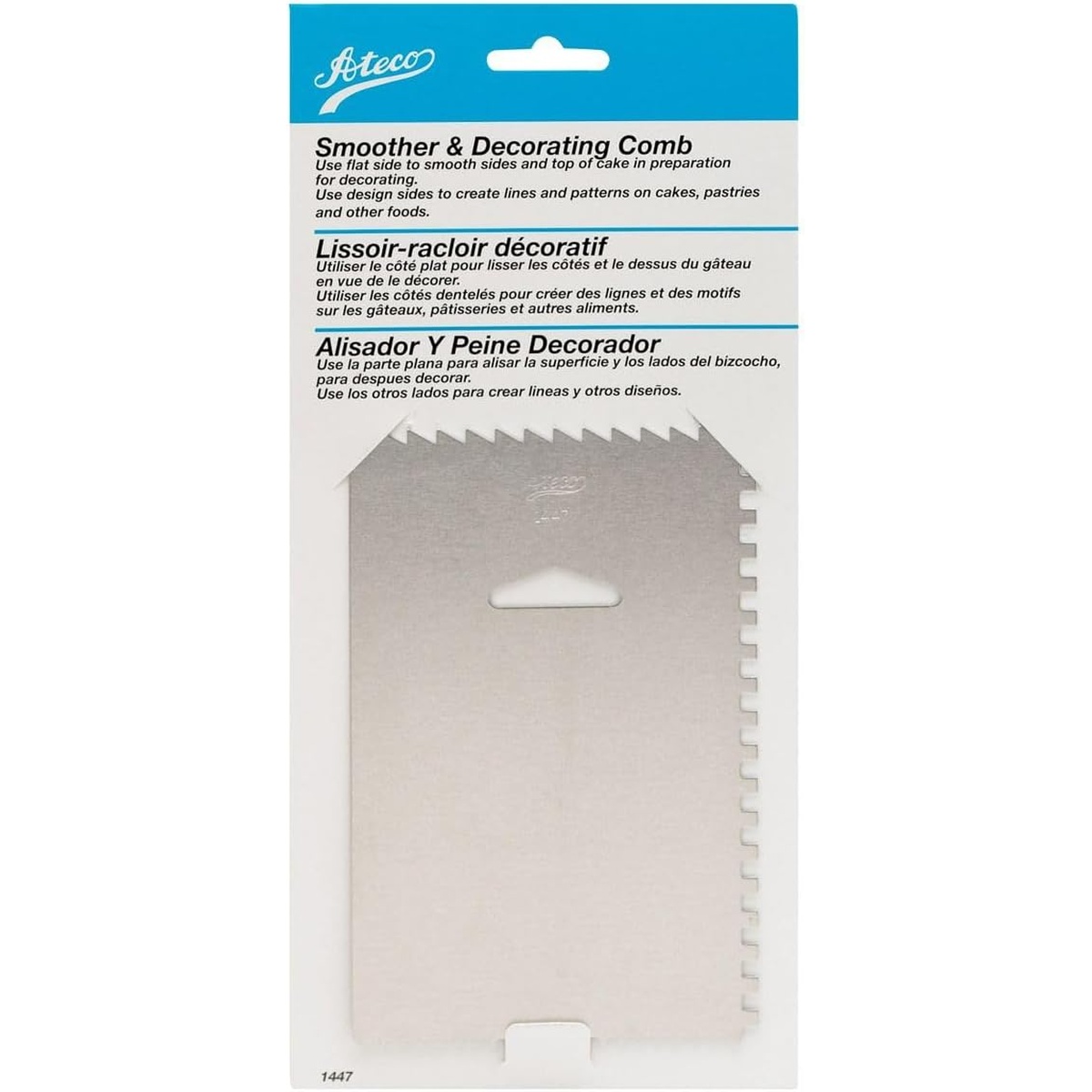 Ateco 1447 Decorating Comb and Icing Smoother shown in retail packaging with product label