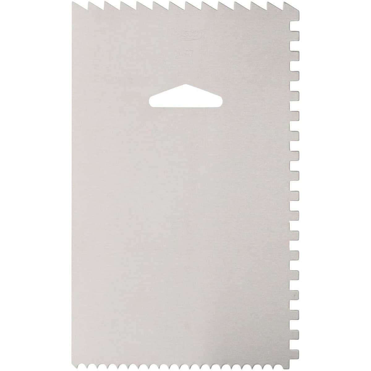 Ateco 1447 aluminum decorating comb showing serrated edges and hanging hole on plain background