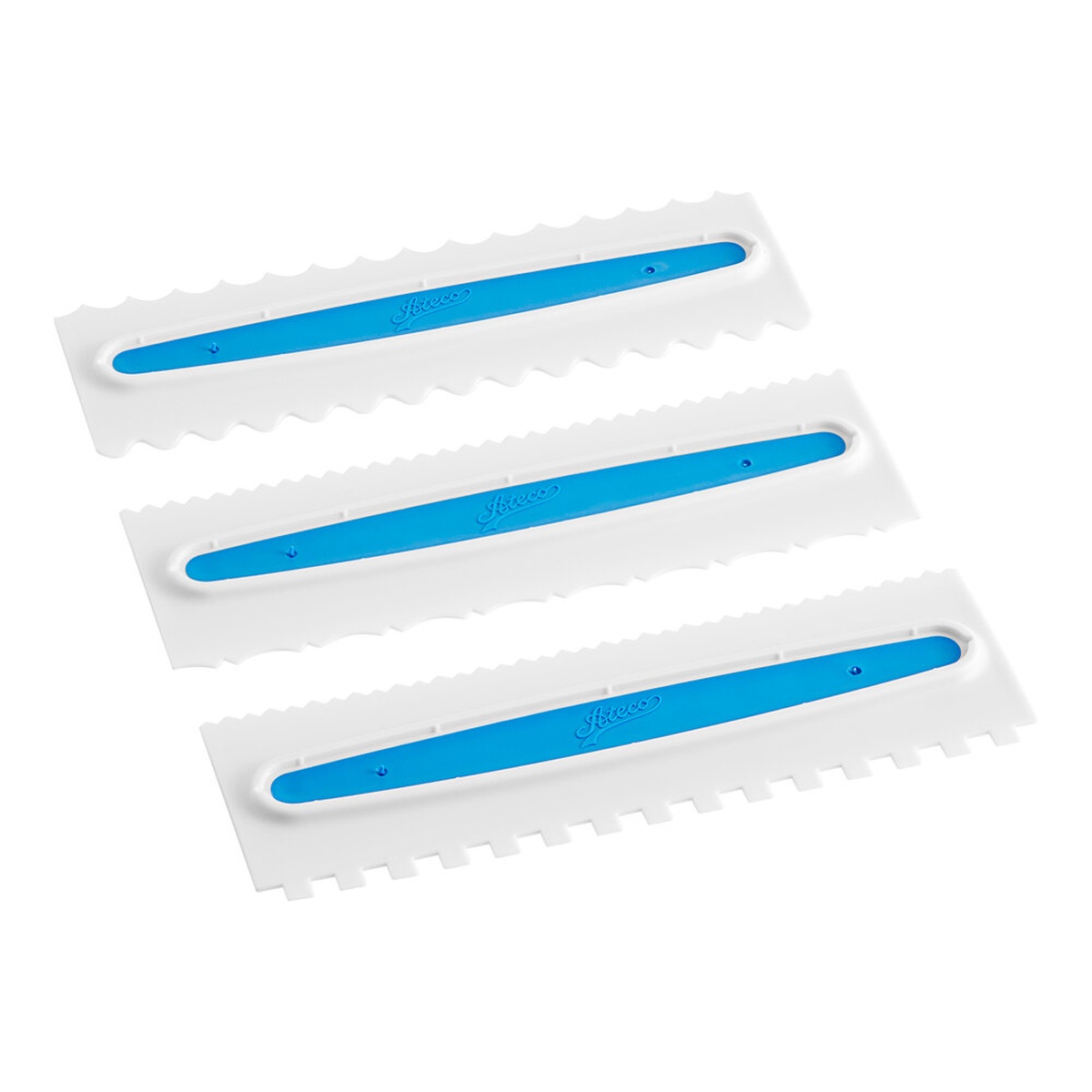 Ateco 1448 three-piece plastic decorating and icing comb set with blue non-slip rubber inserts and varied edge patterns