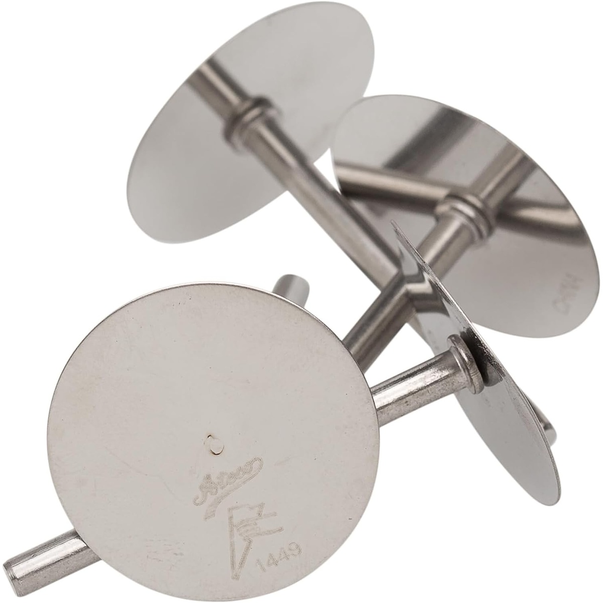 Ateco 1449 stainless steel cake pan heating cores, set of 4, showing round flat bases and vertical rods
