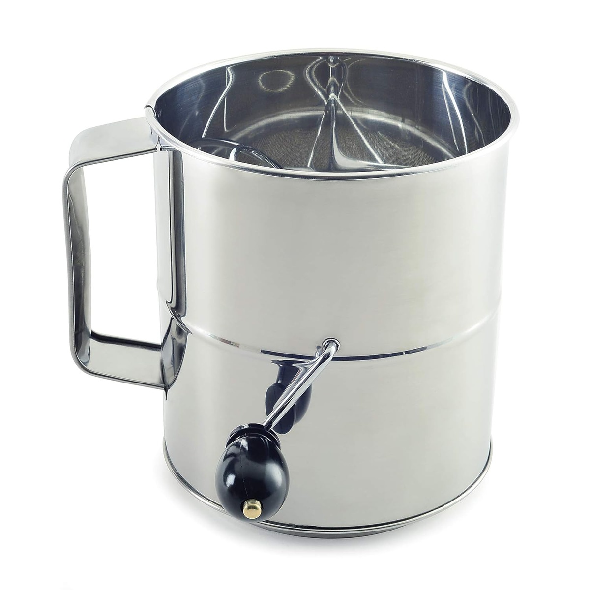 Norpro 8-cup stainless steel flour sifter with bakelite rotary crank knob and loop handle, side view