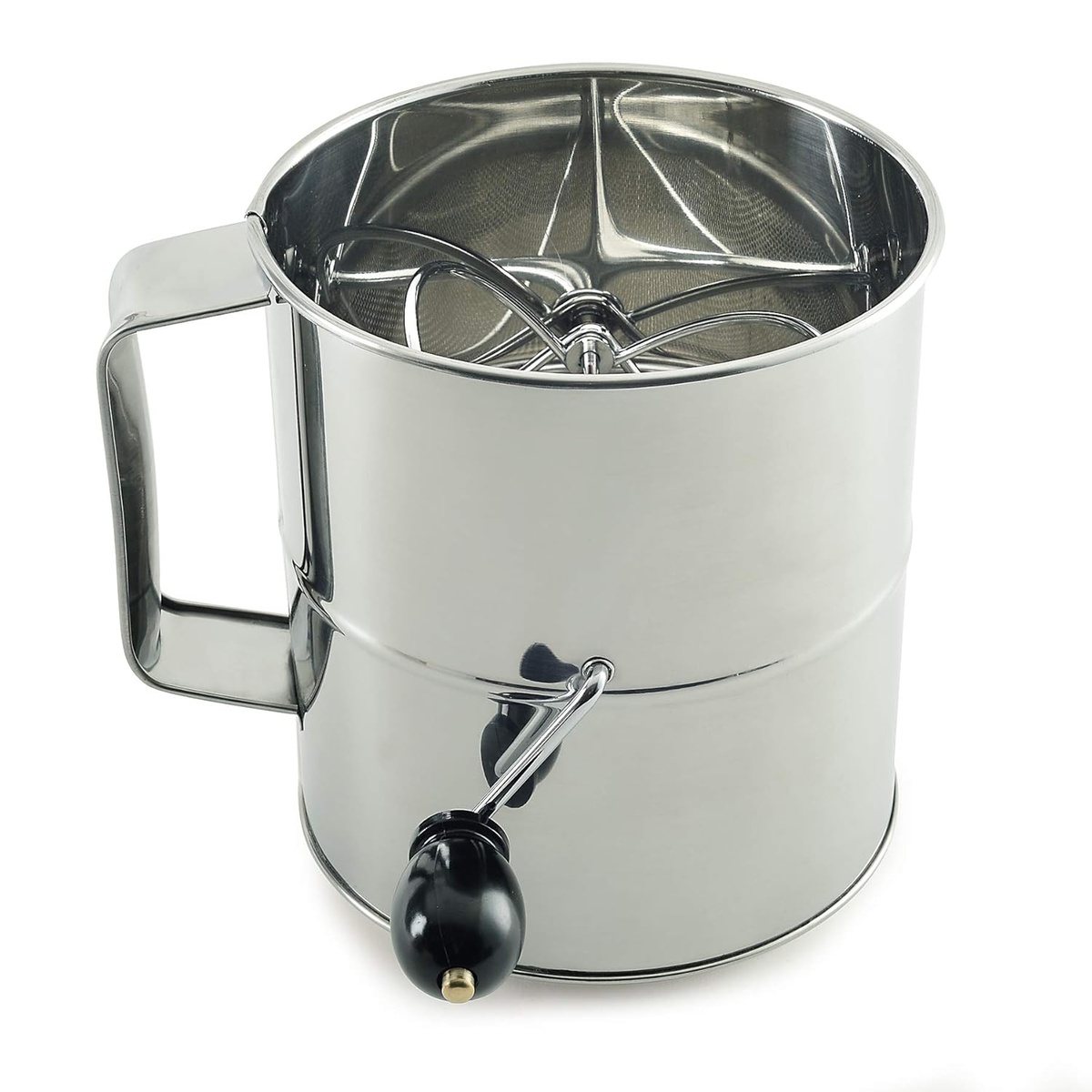 Norpro stainless steel flour sifter showing rotary agitator mechanism viewed from above