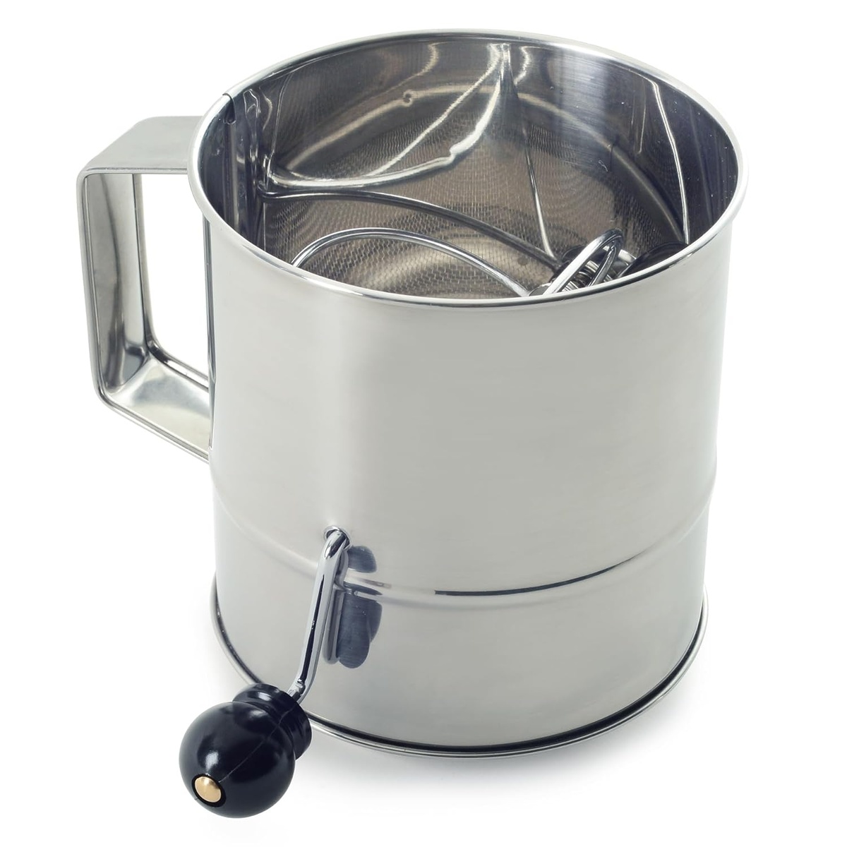 Norpro 8-cup flour sifter angled view showing polished exterior body and side crank handle