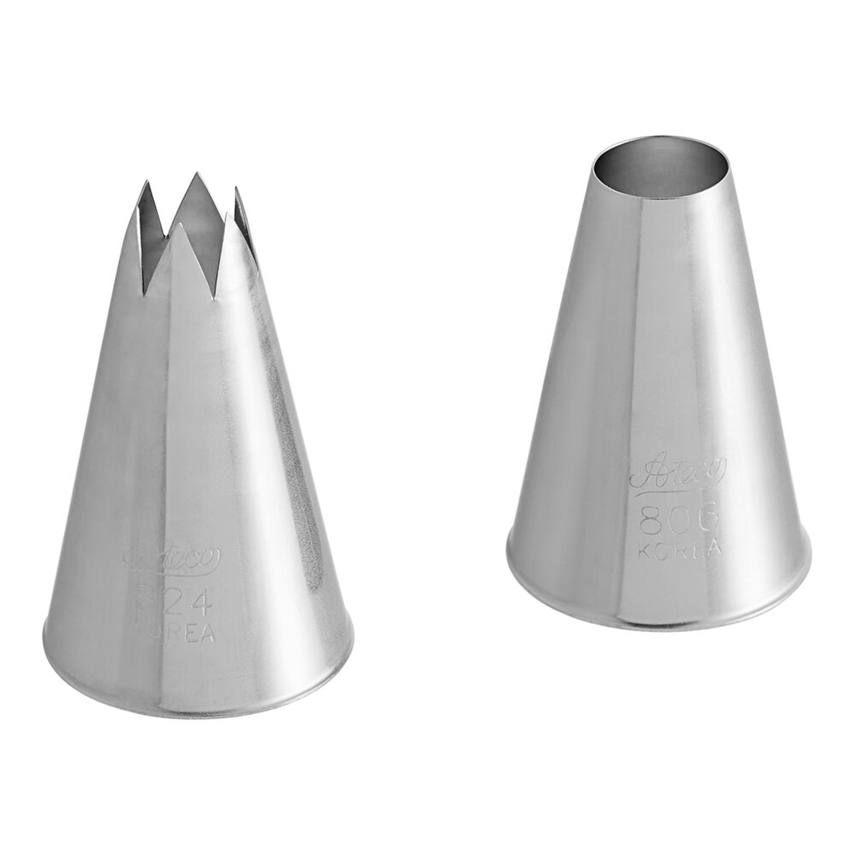 Ateco 824 star piping tip and 806 plain piping tip in stainless steel, shown side by side