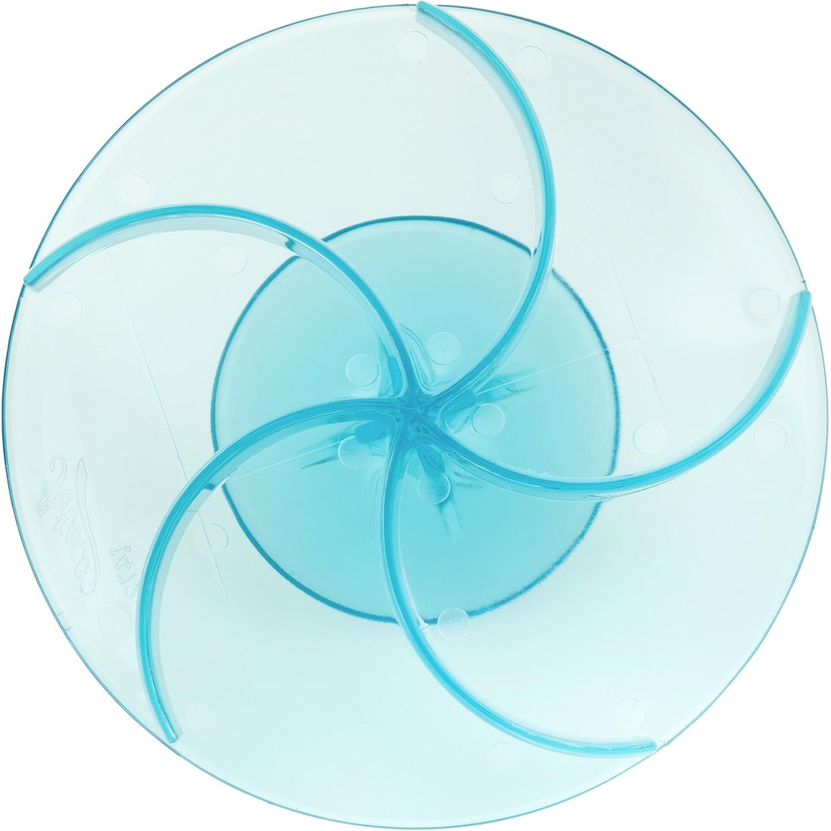 Ateco 1472 teal plastic Kaiser stamp bottom view showing the five-blade swirl imprinting pattern in detail