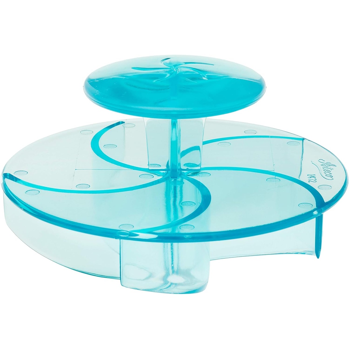 Ateco 1472 teal plastic Kaiser stamp angled top view showing swirl cutting pattern and dome handle