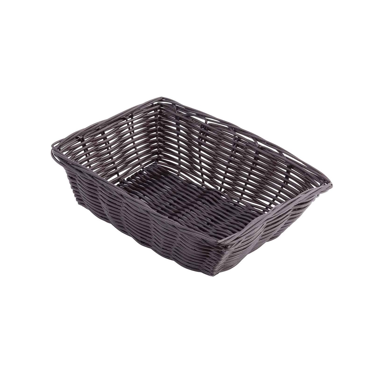 Three-quarter perspective view of the TableCraft 1472 brown woven basket showing depth and rectangular shape
