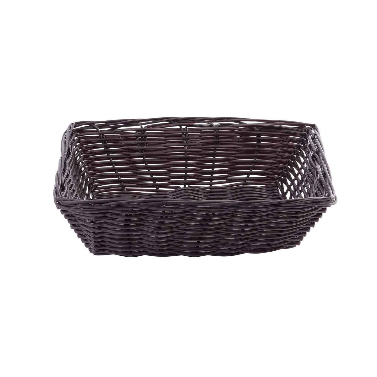 Slightly elevated front view of the TableCraft 1472 brown handwoven polypropylene basket showing full exterior weave