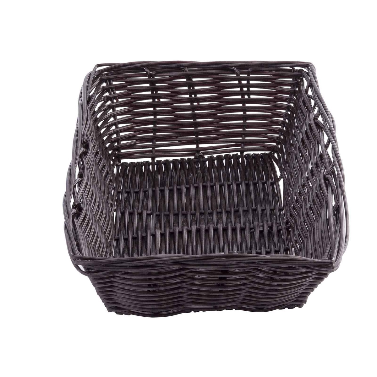 Angled overhead view of the TableCraft 1472 dark brown woven polypropylene basket showing interior weave detail