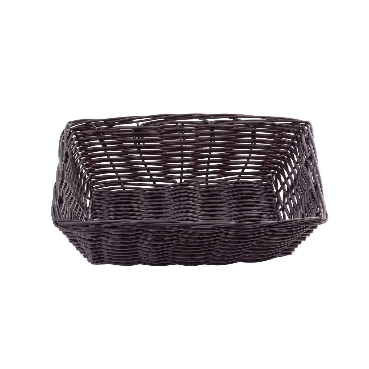 Front view of the TableCraft 1472 brown rectangular woven basket showing side profile and weave texture