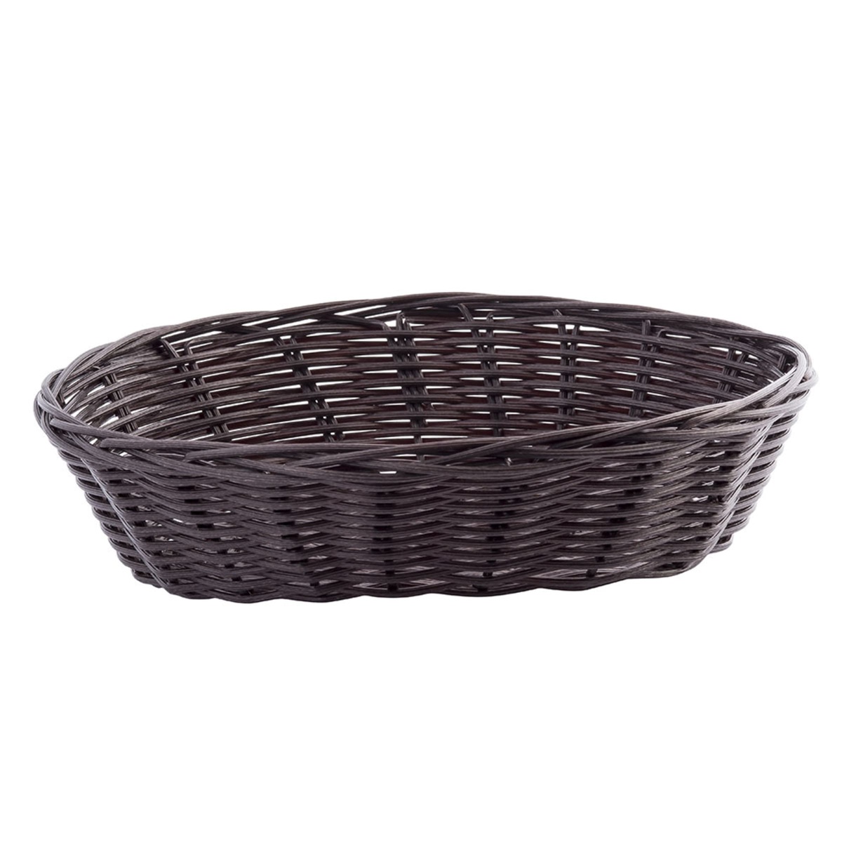 Tablecraft 1474 brown oval woven basket, straight-on front-angle view showing rim detail